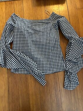 MLM Black & White Gingham Off-Shoulder Ruffle Sleeve Top